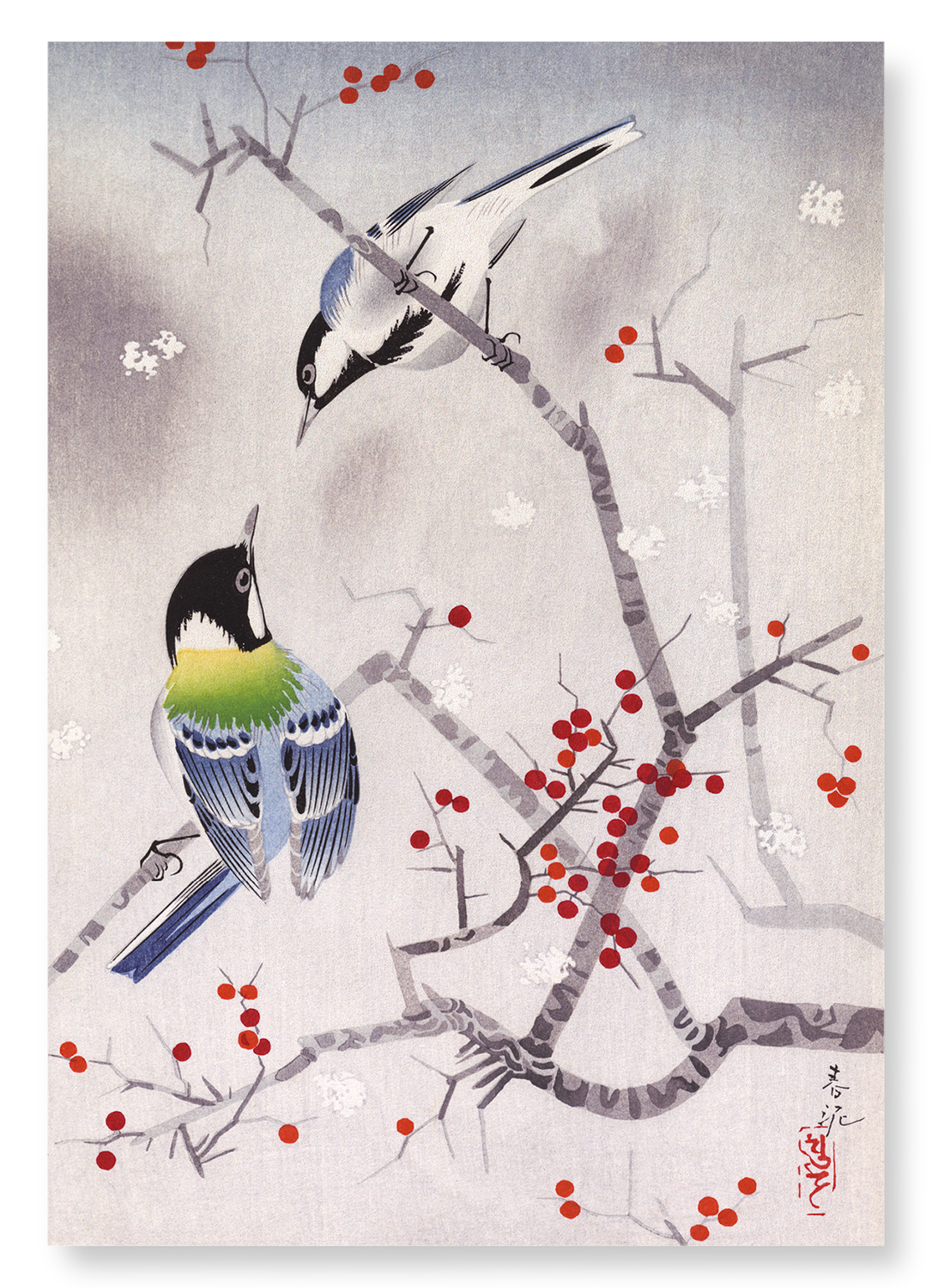 BIRDS ON NANDINA: Japanese Art Print