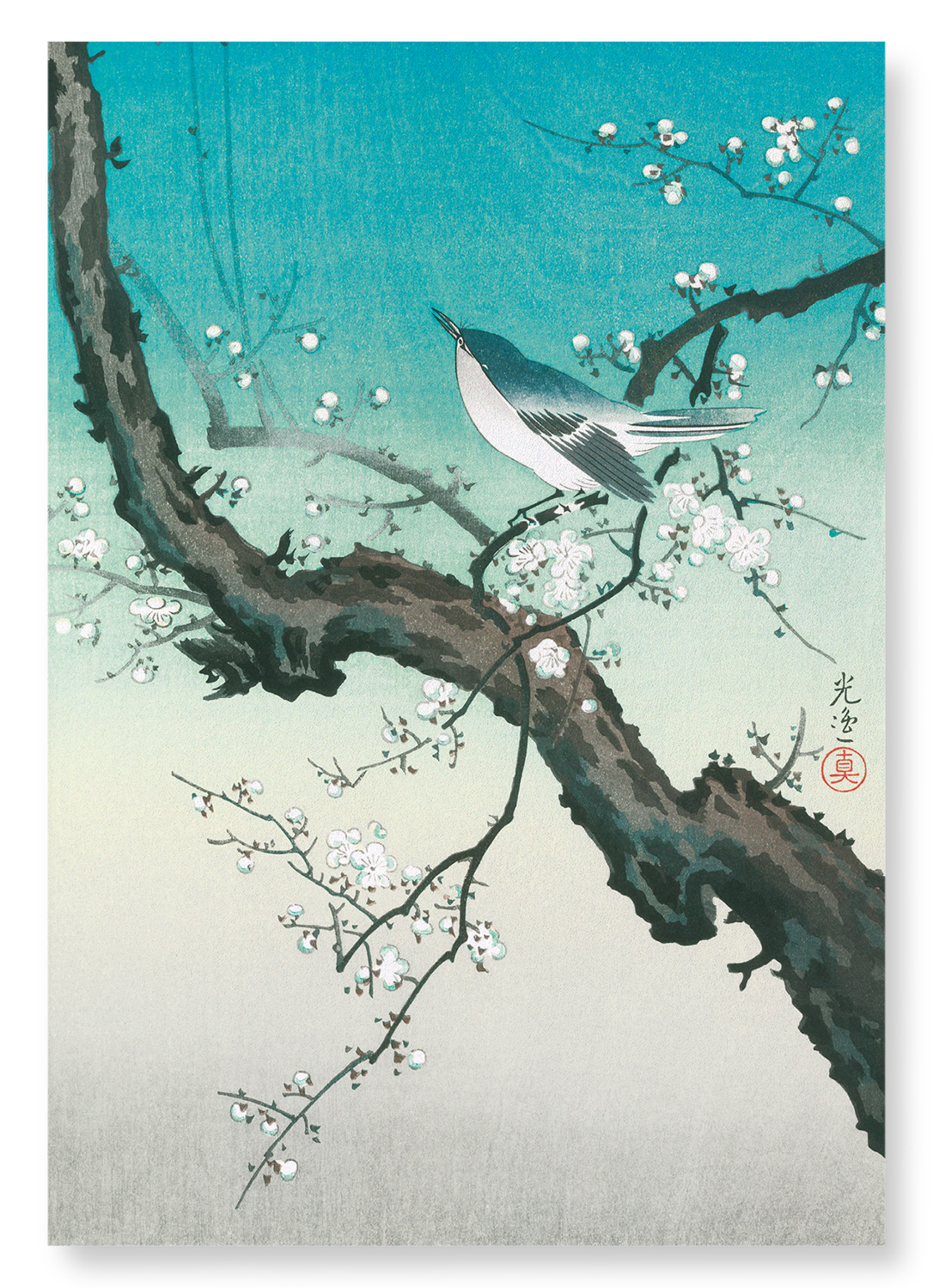 BUSH WARBLER AND PLUM BLOSSOMS: Japanese Art Print