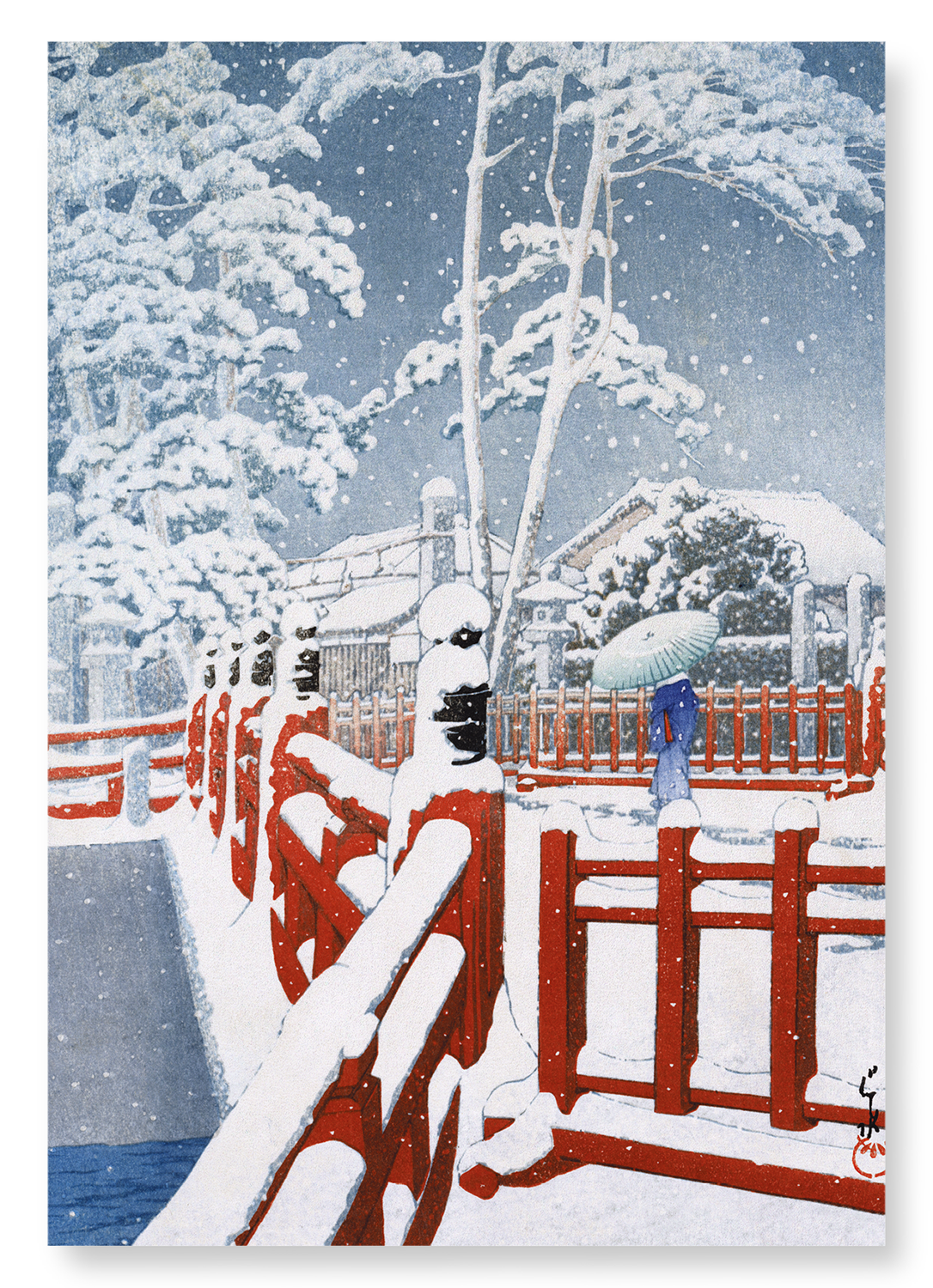 SNOW AT BRIDGE: Japanese Art Print