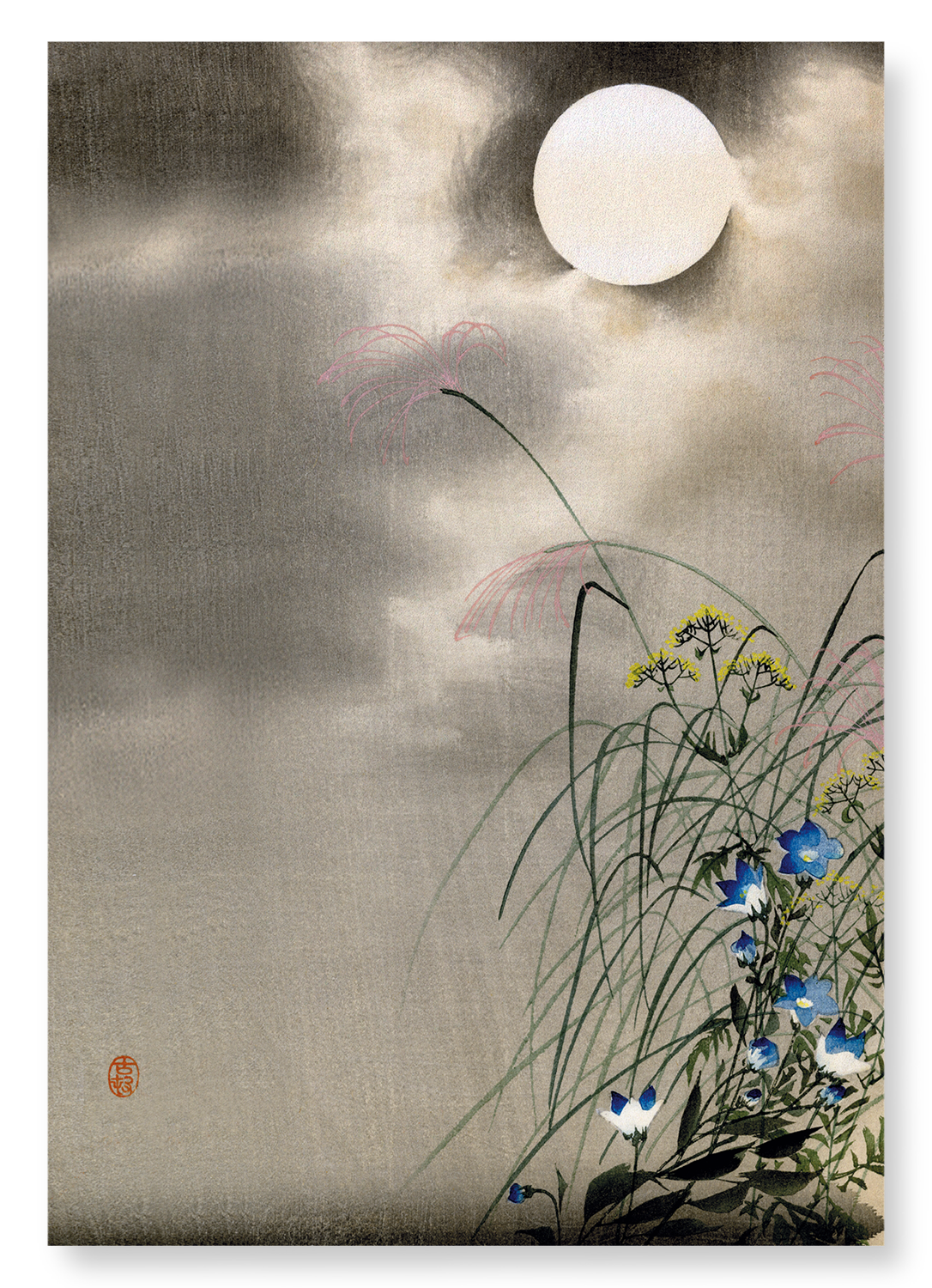 FLOWERS AND FULL MOON: Japanese Art Print
