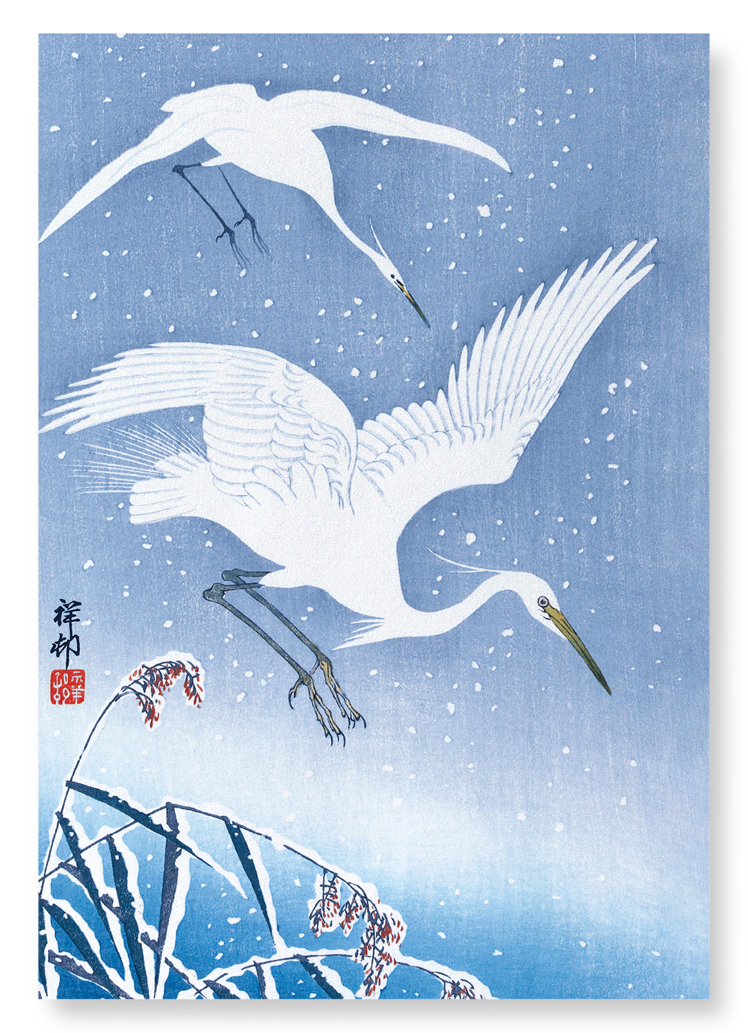 EGRETS DESCENDING IN SNOW: Japanese Art Print