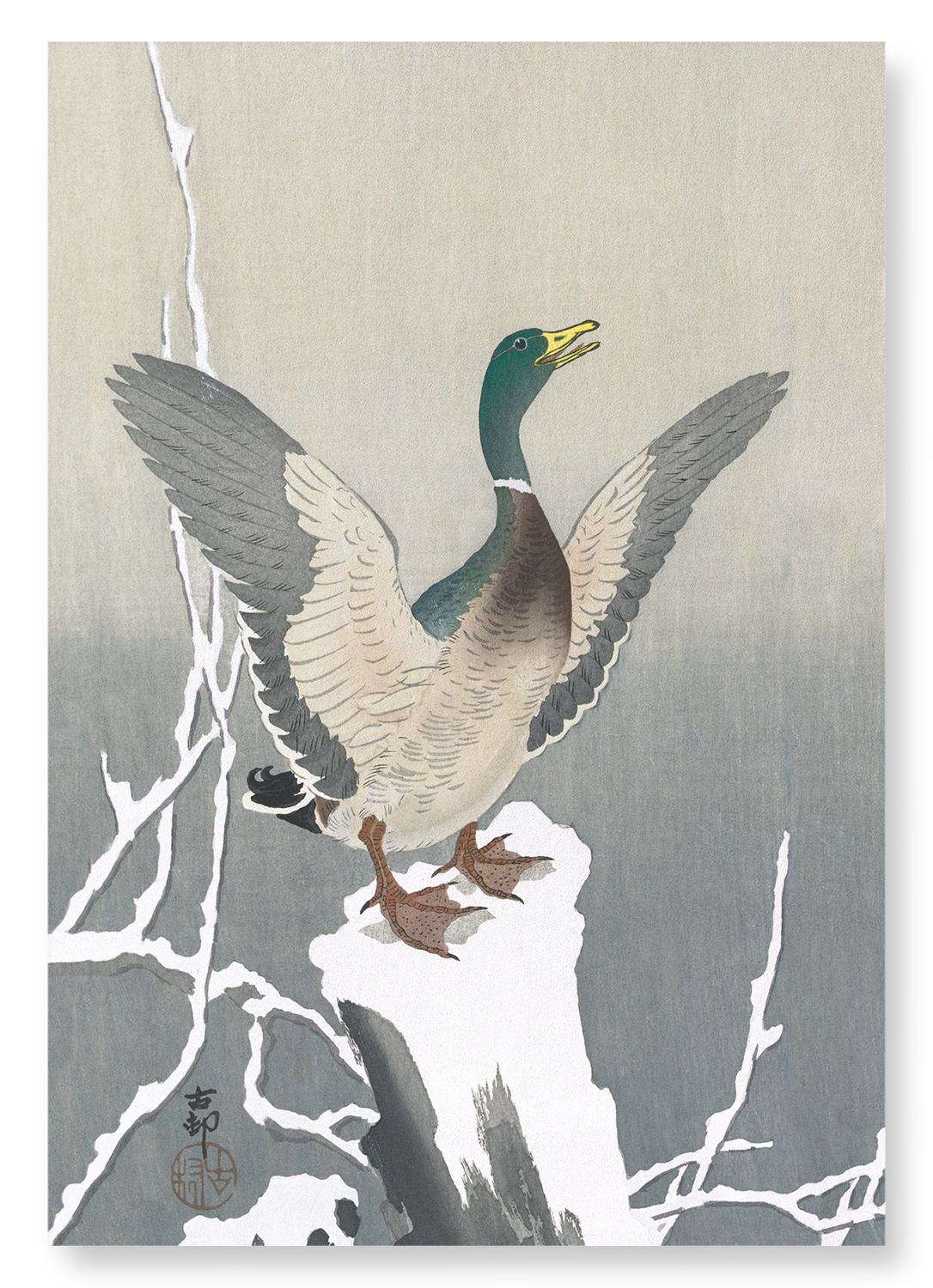 DUCK ON SNOWY TREE STUMP: Japanese Art Print