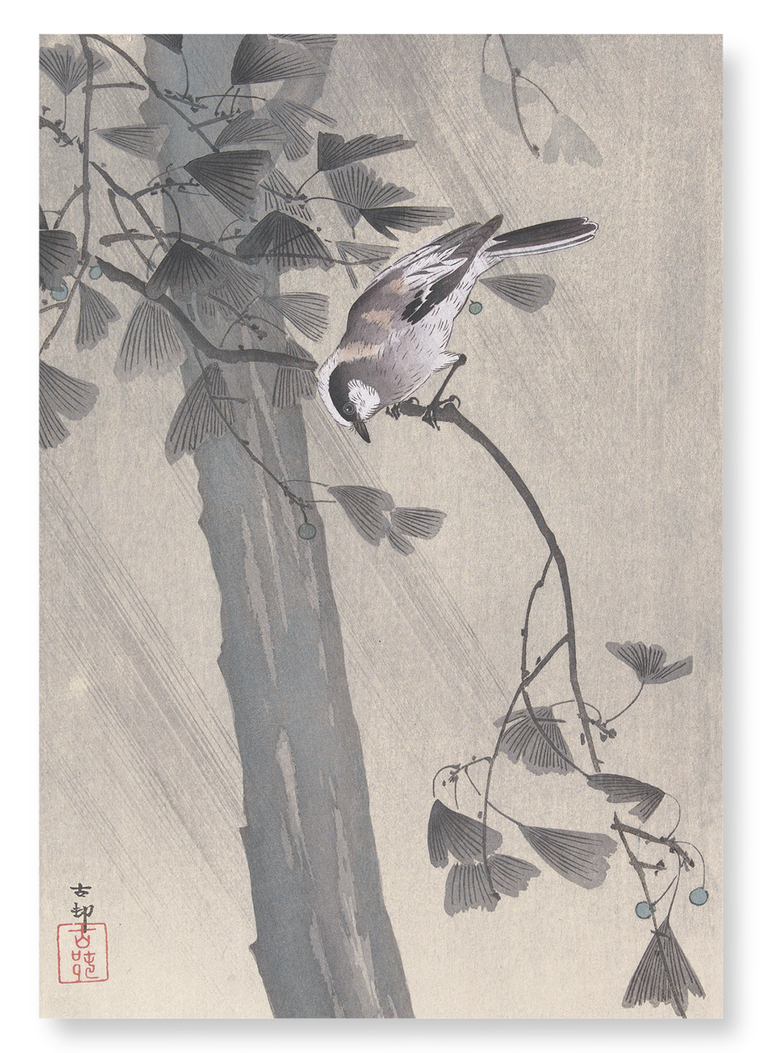 LONG TAILED TIT IN THE STORM: Japanese Art Print