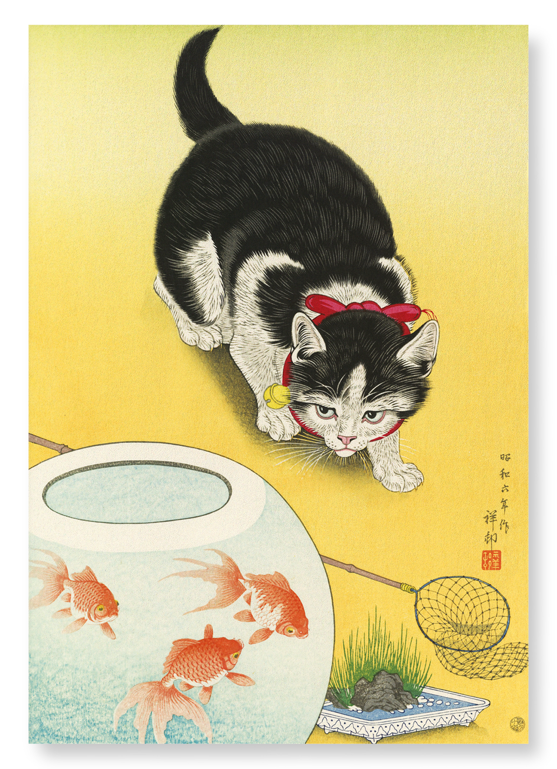 GOLDFISH BOWL AND A CAT: Japanese Art Print