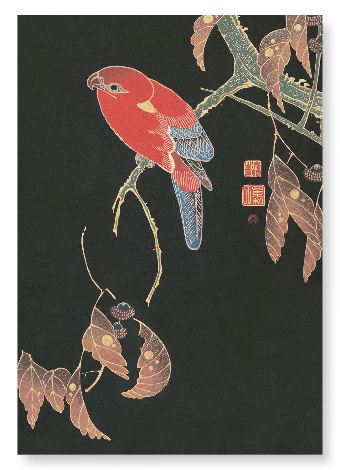 RED PARROT ON A BRANCH (C.1900): Japanese Art Print