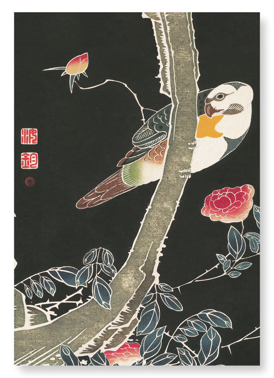 PARROT AND ROSE BUSH (C.1900): Japanese Art Print