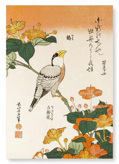 JAPANESE GROSBEAK WITH MARVEL-OF-PERU FLOWERS (C.1834): Japanese Art Print