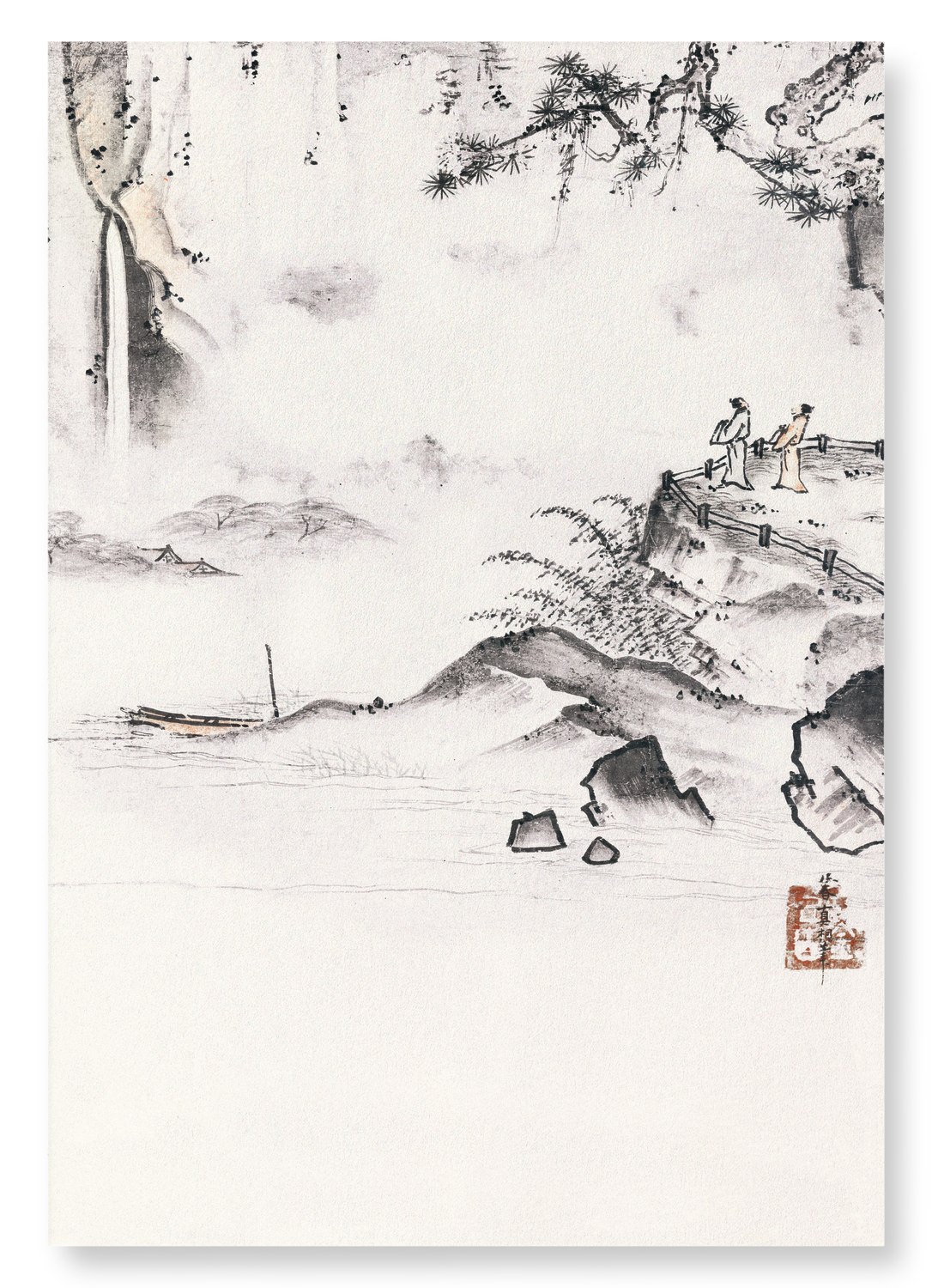 TWO MEN OBSERVING A WATERFALL (1500): Japanese Art Print