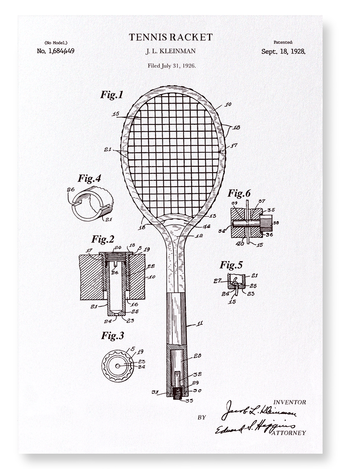 PATENT OF TENNIS RACKET (1928): Patent Art Print