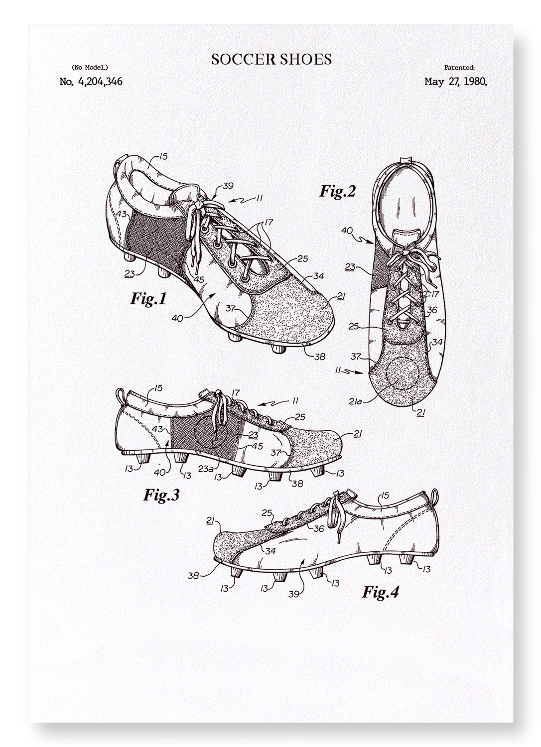 PATENT OF SOCCER SHOES (1980): Patent Art Print