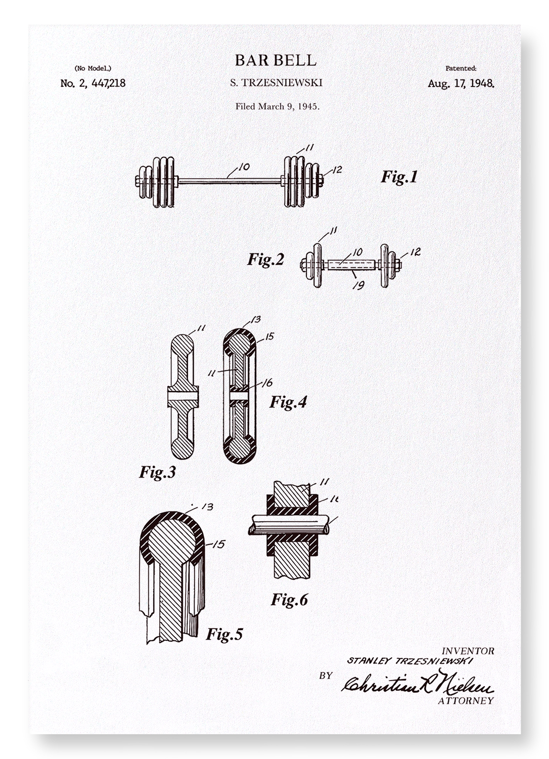 PATENT OF BARBELL  (1948): Patent Art Print