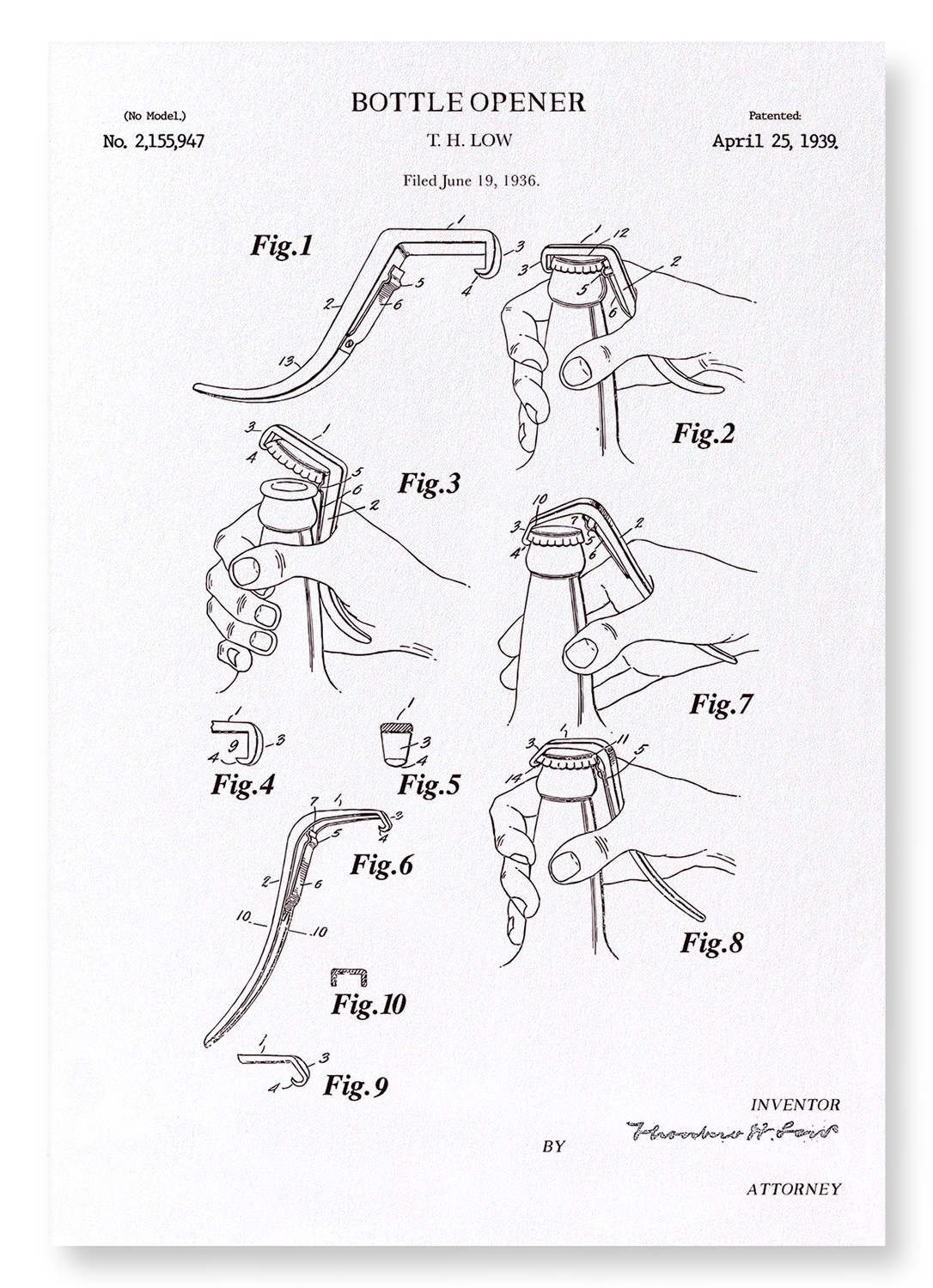 PATENT OF BOTTLE OPENER (1939): Patent Art Print