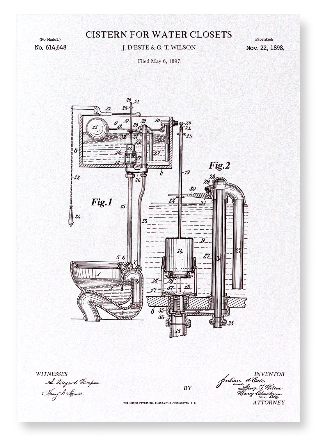 PATENT OF CISTERN FOR WATER CLOSETS (1898): Patent Art Print