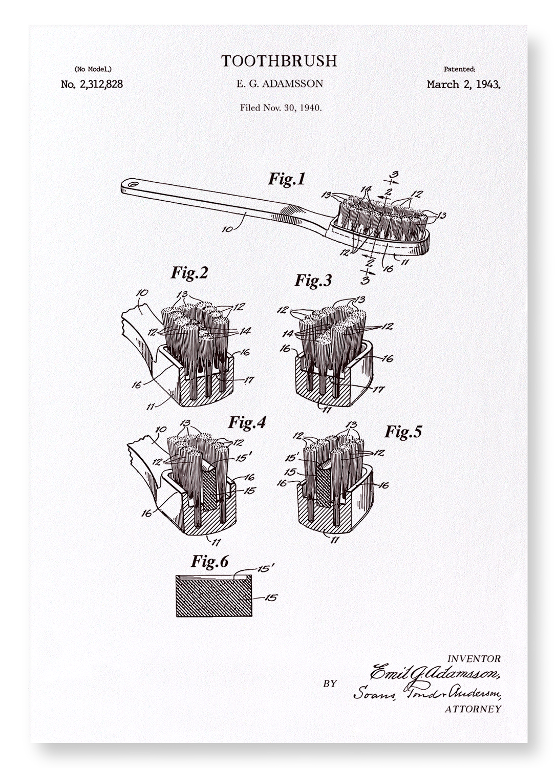 PATENT OF TOOTHBRUSH (1943): Patent Art Print