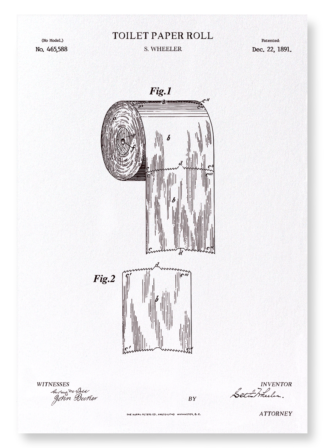 PATENT OF TOILET PAPER ROLL (1891): Patent Art Print