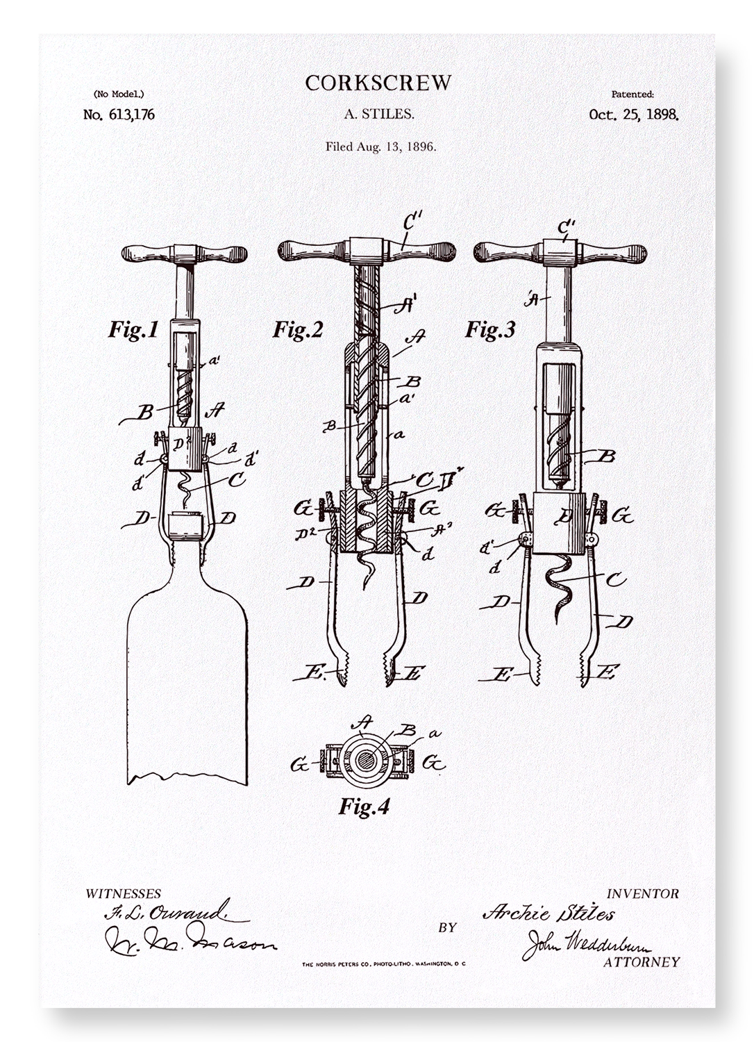 PATENT OF CORKSCREW (1898): Patent Art Print