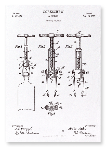 PATENT OF CORKSCREW (1898): Patent Art Print