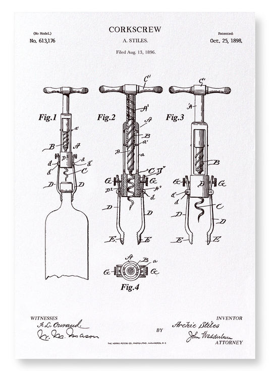 PATENT OF CORKSCREW (1898): Patent Art Print