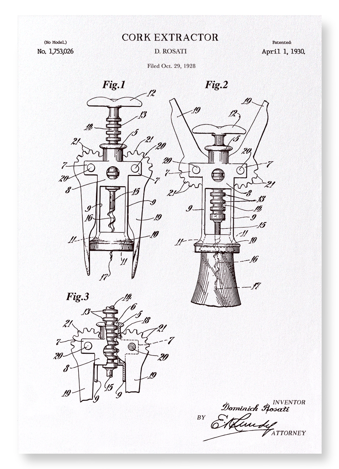 PATENT OF CORK EXTRACTOR (1930): Patent Art Print