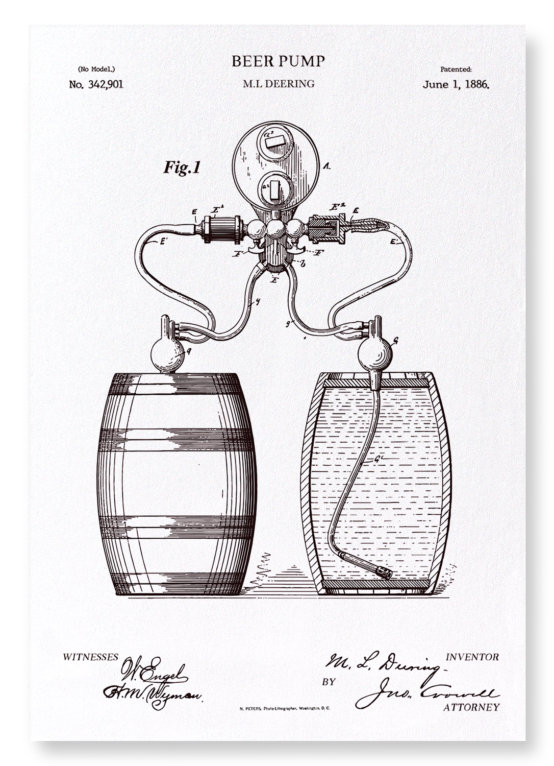 PATENT OF BEER PUMP (1886): Patent Art Print