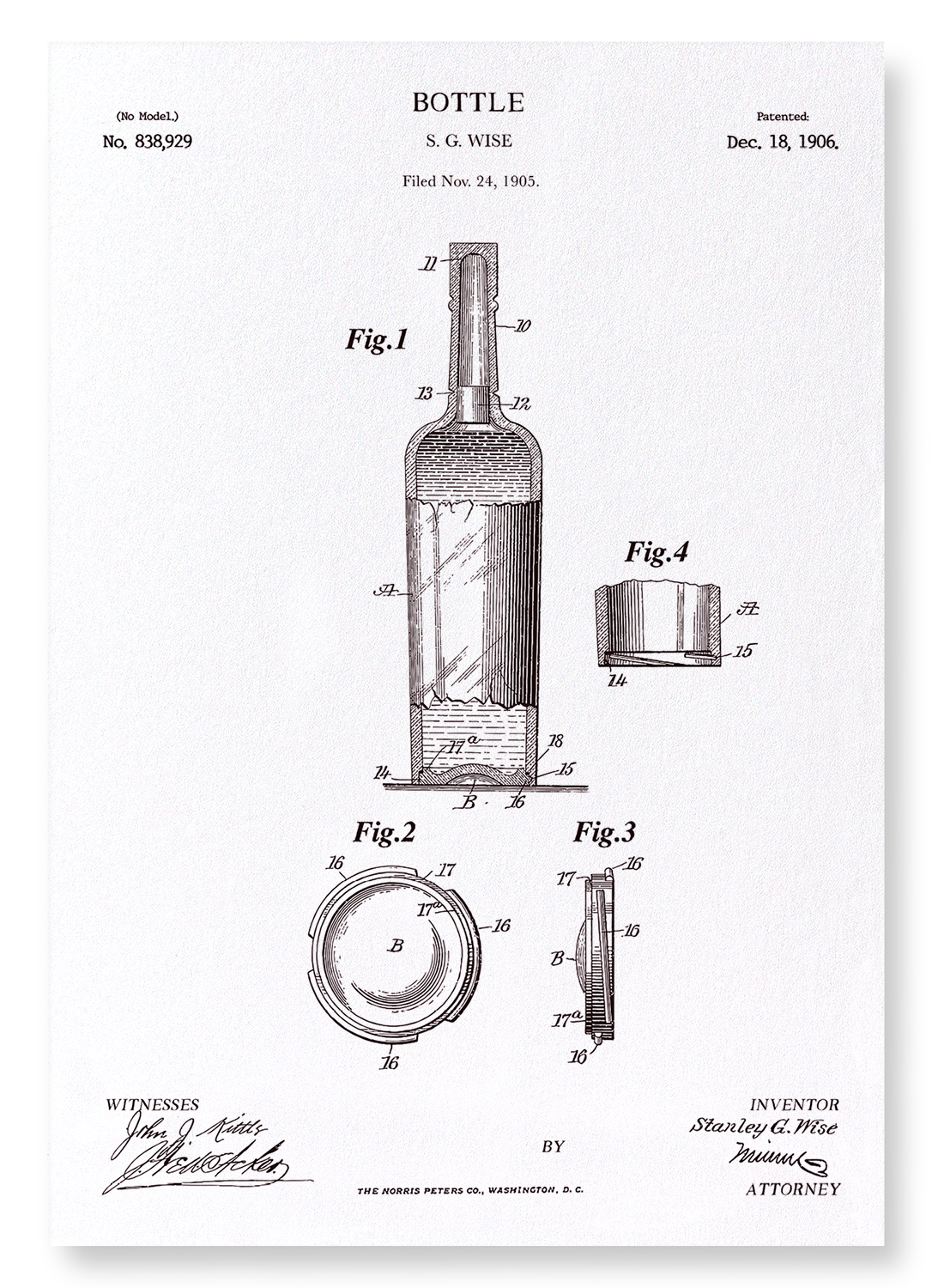 PATENT OF BOTTLE (1906): Patent Art Print