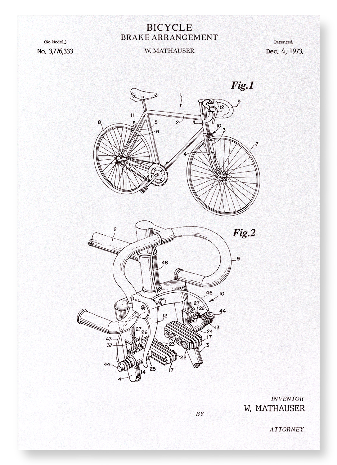 PATENT OF BICYCLE BRAKE ARRANGEMENT (1973): Patent Art Print