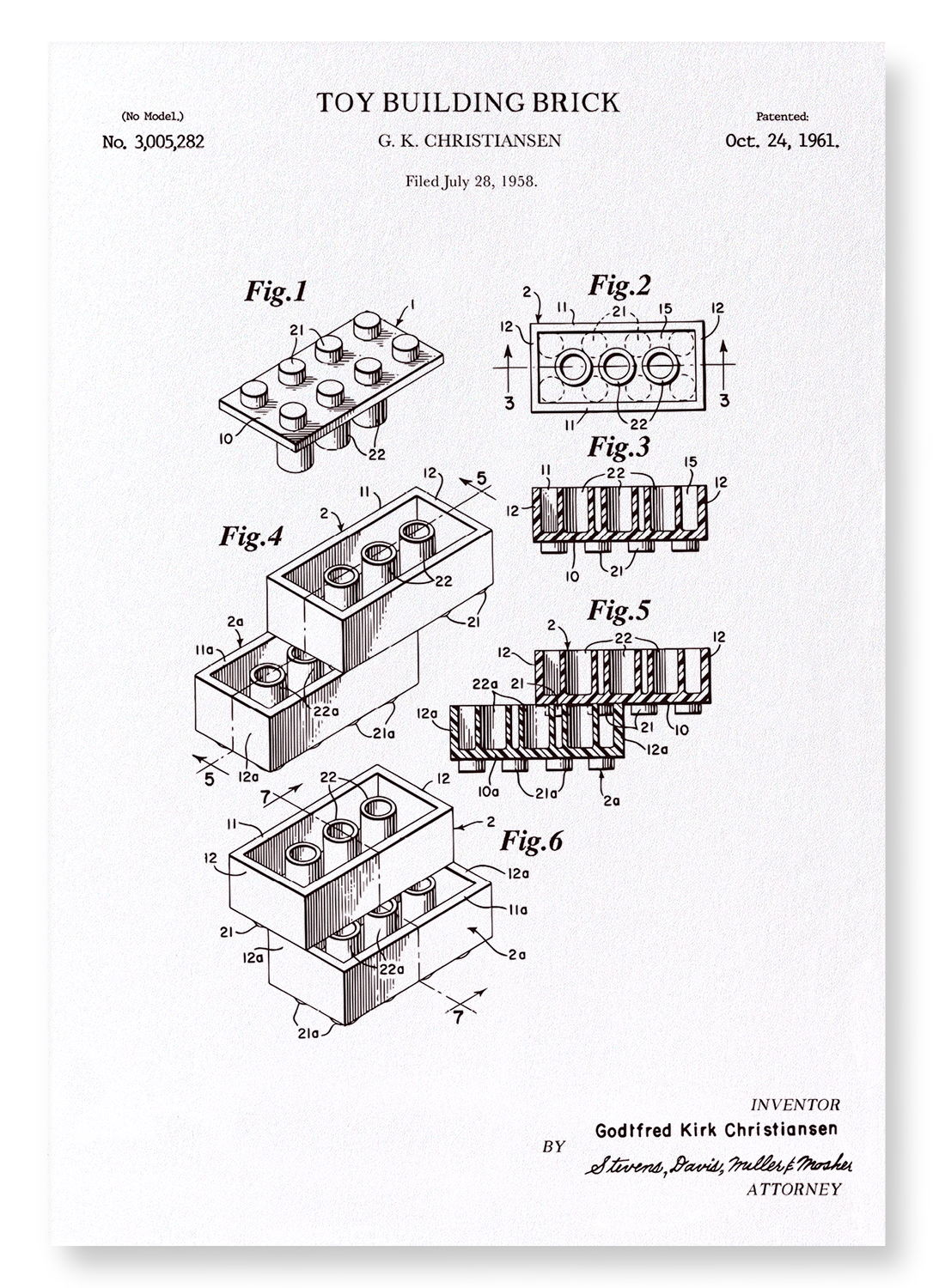 PATENT OF TOY BUILDING BRICK (1961): Patent Art Print