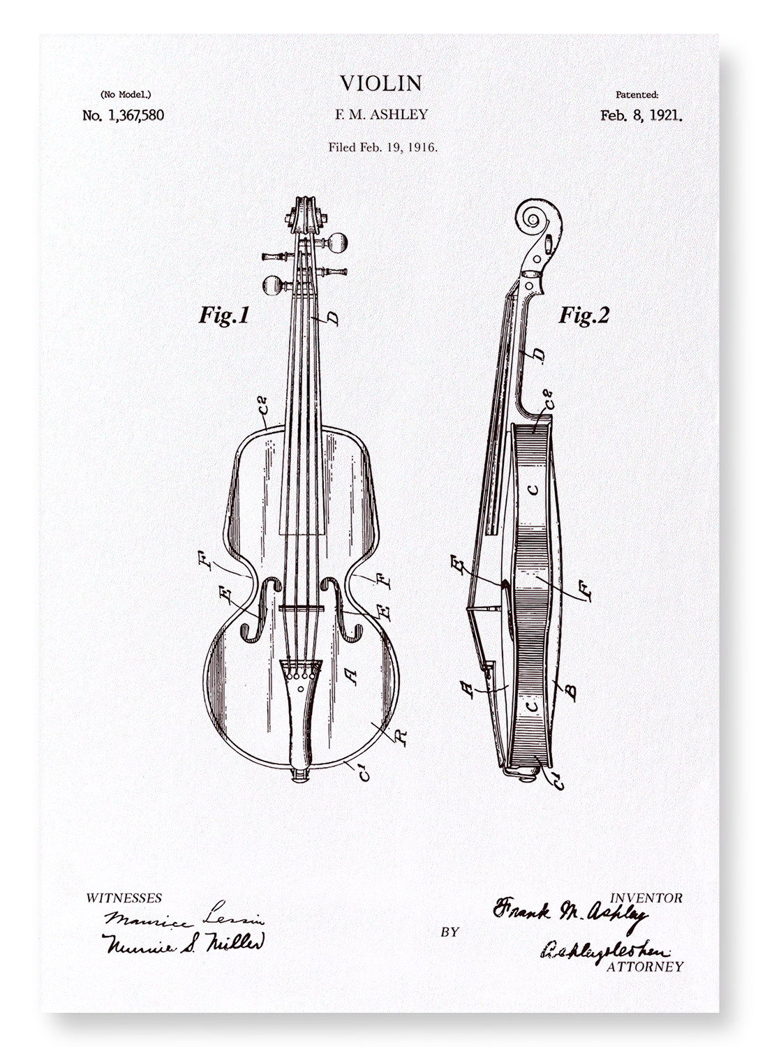 PATENT OF VIOLIN (1921): Patent Art Print