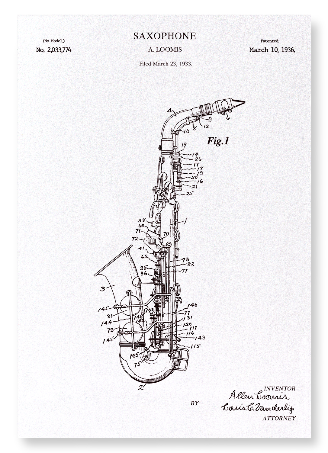 PATENT OF SAXOPHONE (1936): Patent Art Print