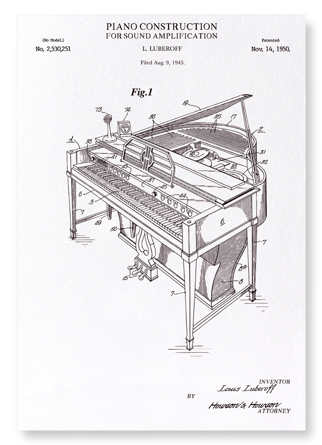 PATENT OF PIANO CONSTRUCTION (1950): Patent Art Print