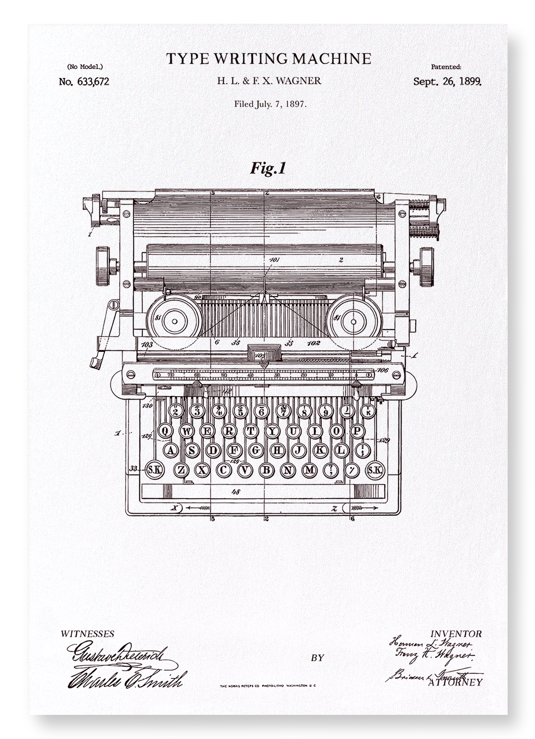 PATENT OF TYPE WRITING MACHINE (1889): Patent Art Print