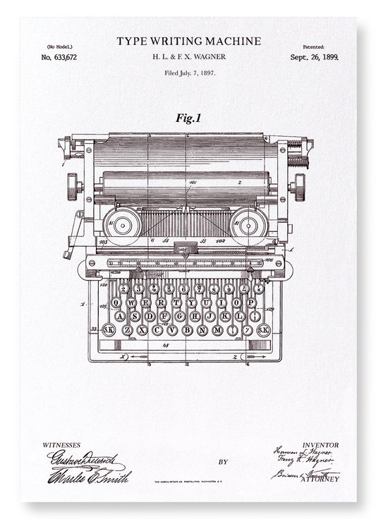 PATENT OF TYPE WRITING MACHINE (1889): Patent Art Print
