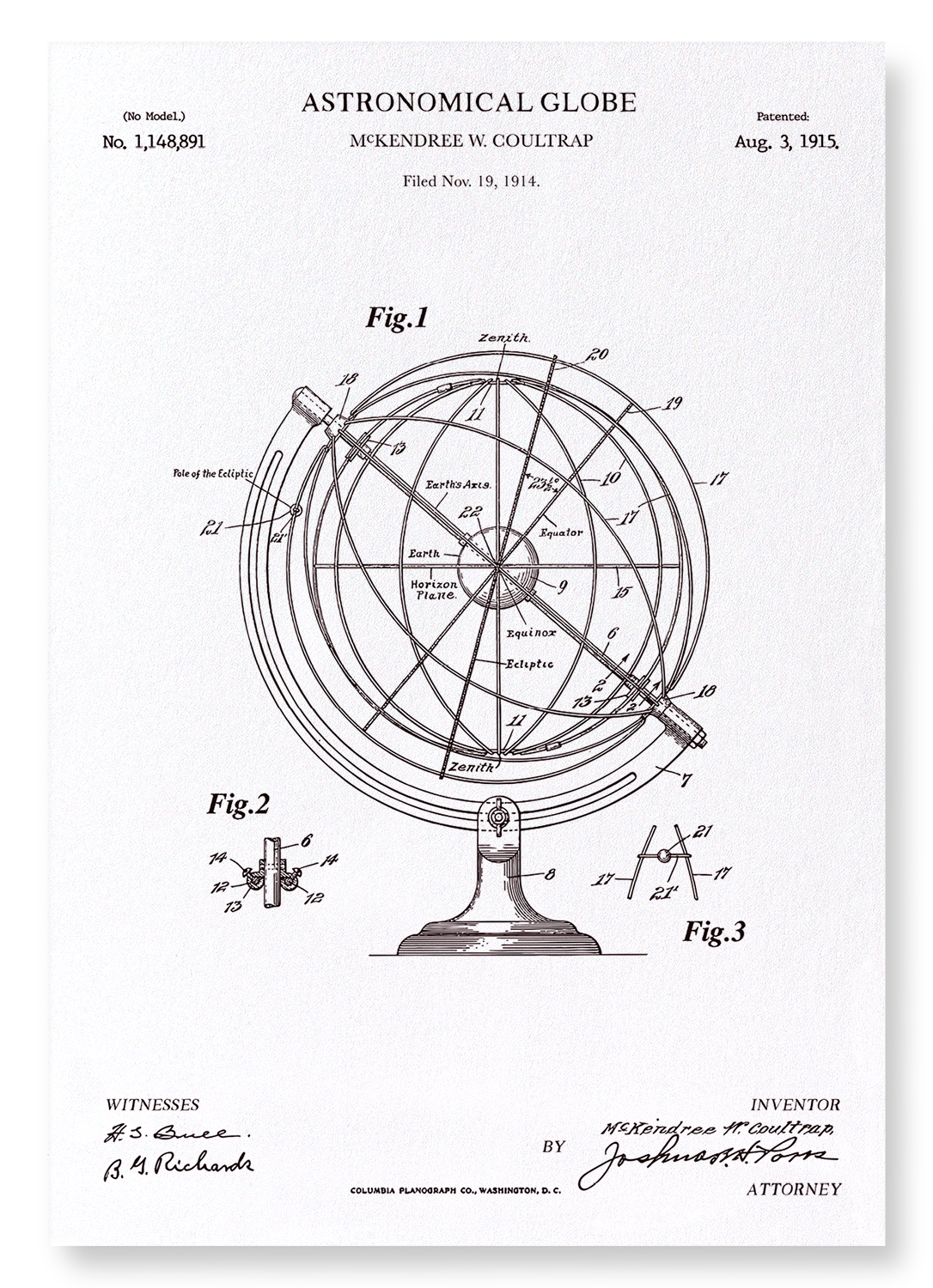 PATENT OF ASTRONOMICAL GLOBE (1915): Patent Art Print