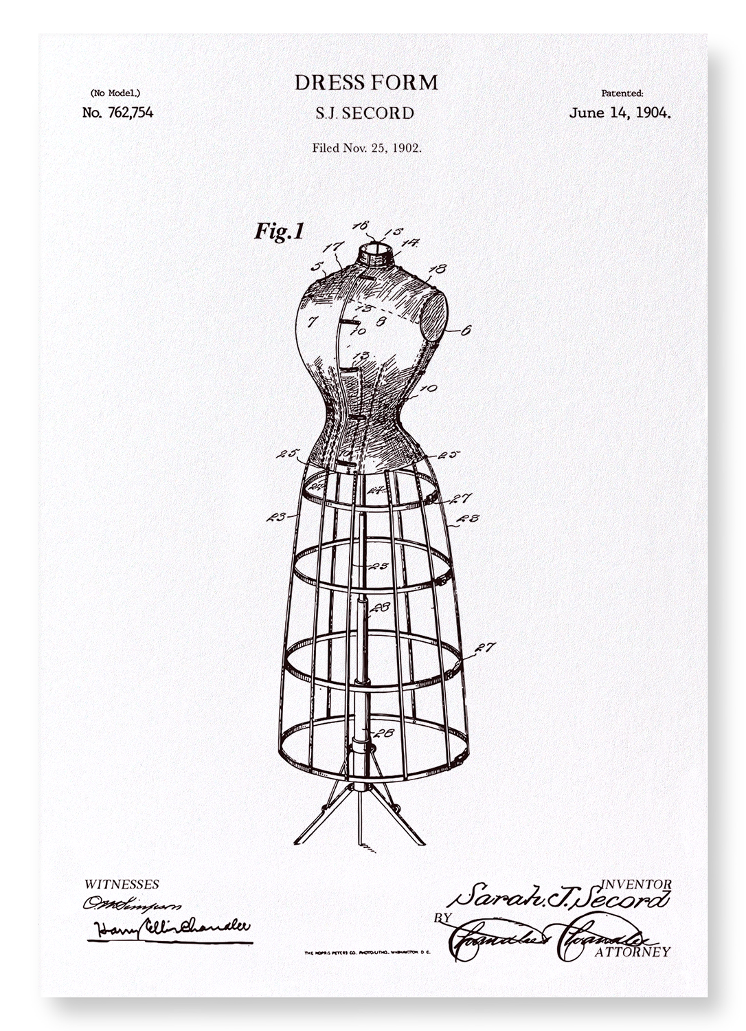 PATENT OF DRESS FORM (1904): Patent Art Print