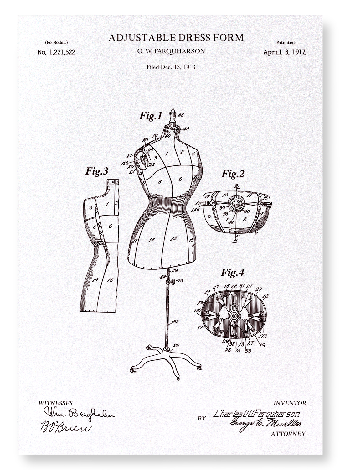PATENT OF ADJUSTABLE DRESS FORM (1917): Patent Art Print