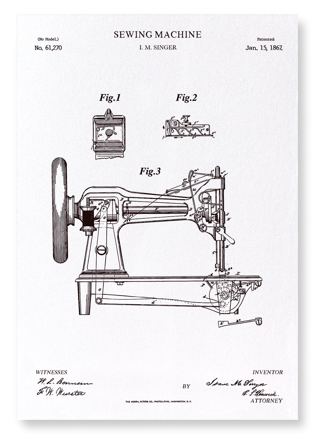 PATENT OF SEWING MACHINE (1867): Patent Art Print
