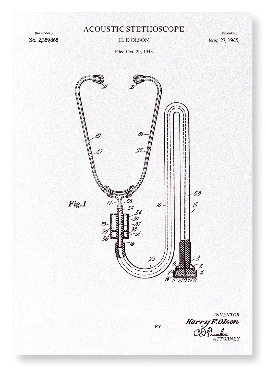 PATENT OF STETHOSCOPE (1945): Patent Art Print
