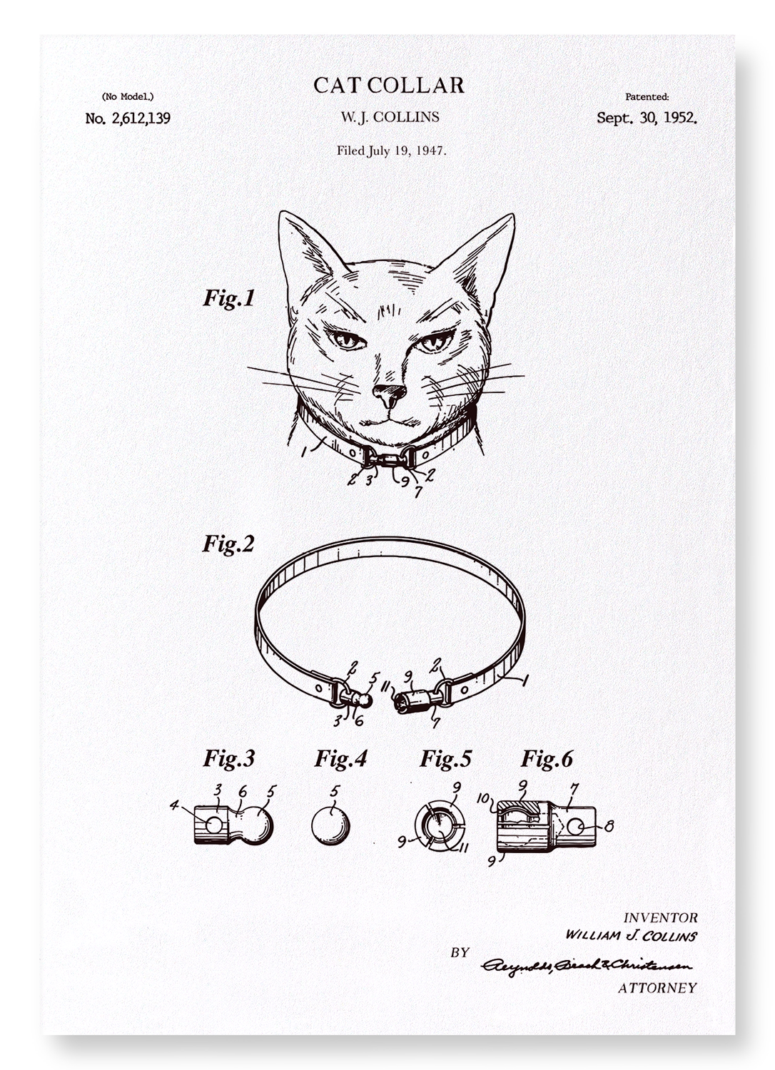 PATENT OF CAT COLLAR (1952): Patent Art Print