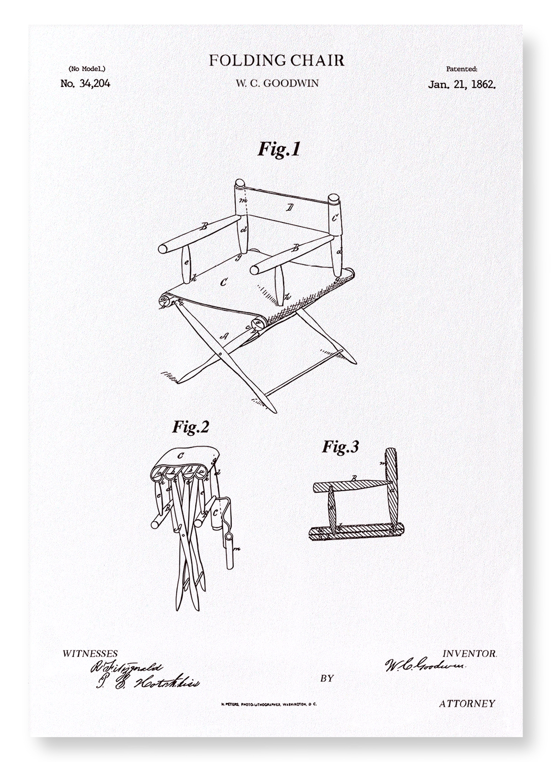 PATENT OF FOLDING CHAIR (1862): Patent Art Print