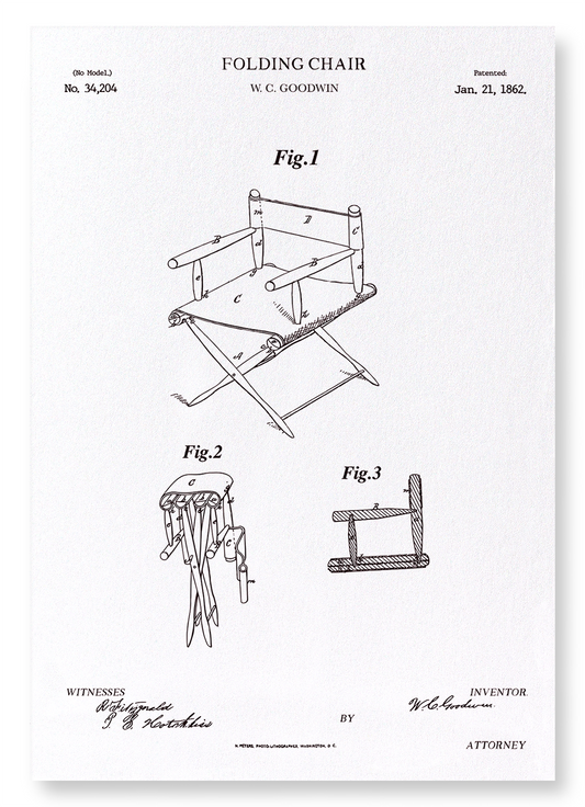 PATENT OF FOLDING CHAIR (1862): Patent Art Print