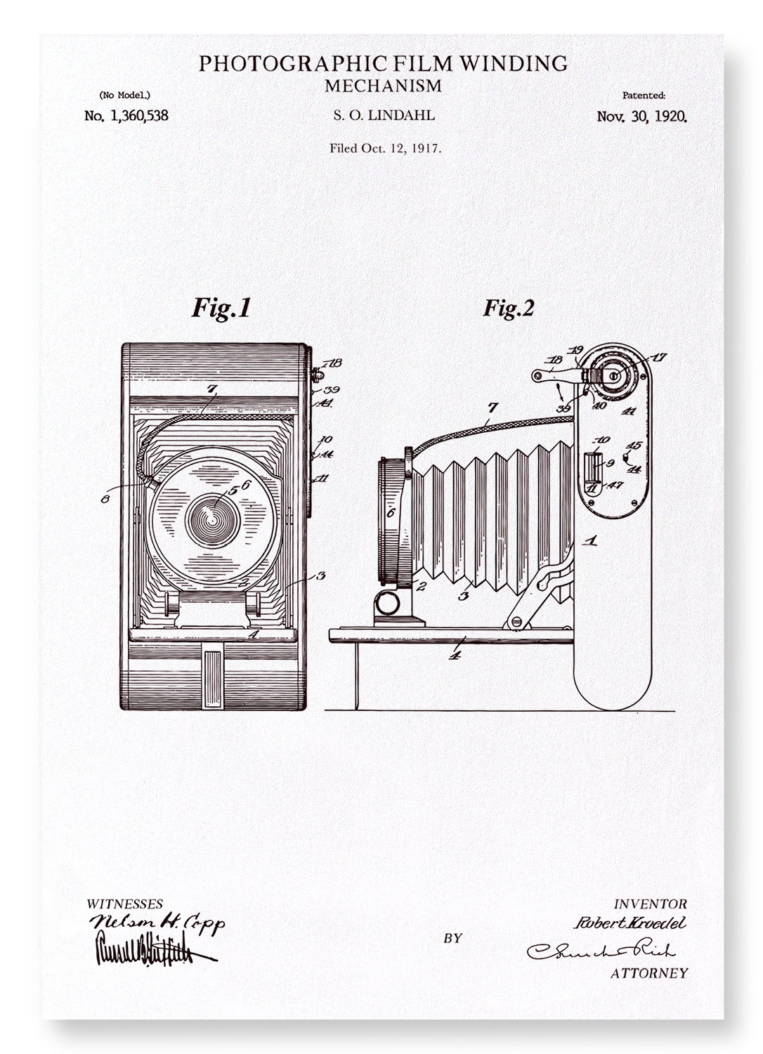 PATENT OF PHOTOGRAPHIC FILM WINDING (1920): Patent Art Print