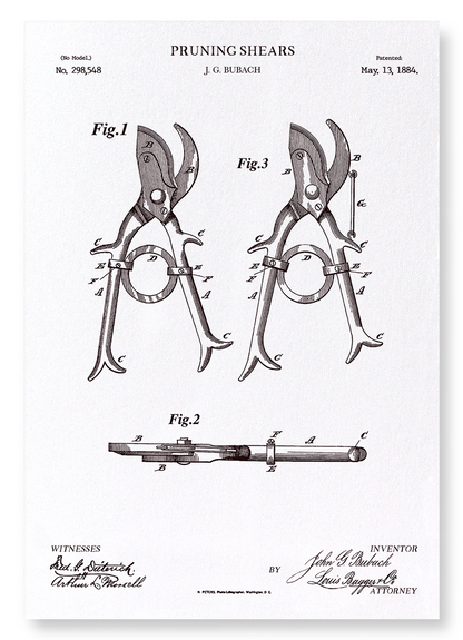 PATENT OF PRUNING SHEARS (1884): Patent Art Print