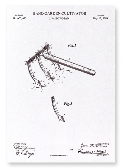 PATENT OF HAND GARDEN CULTIVATOR (1889): Patent Art Print
