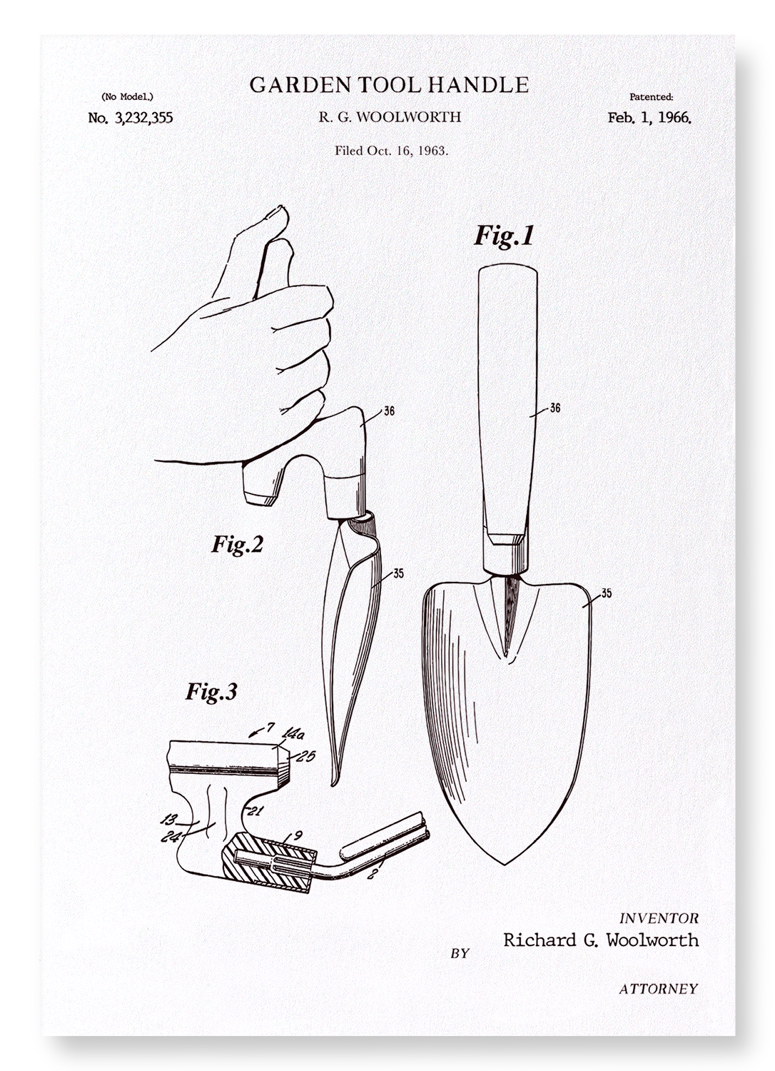 PATENT OF GARDEN TOOL HANDLE TROWEL (1966): Patent Art Print