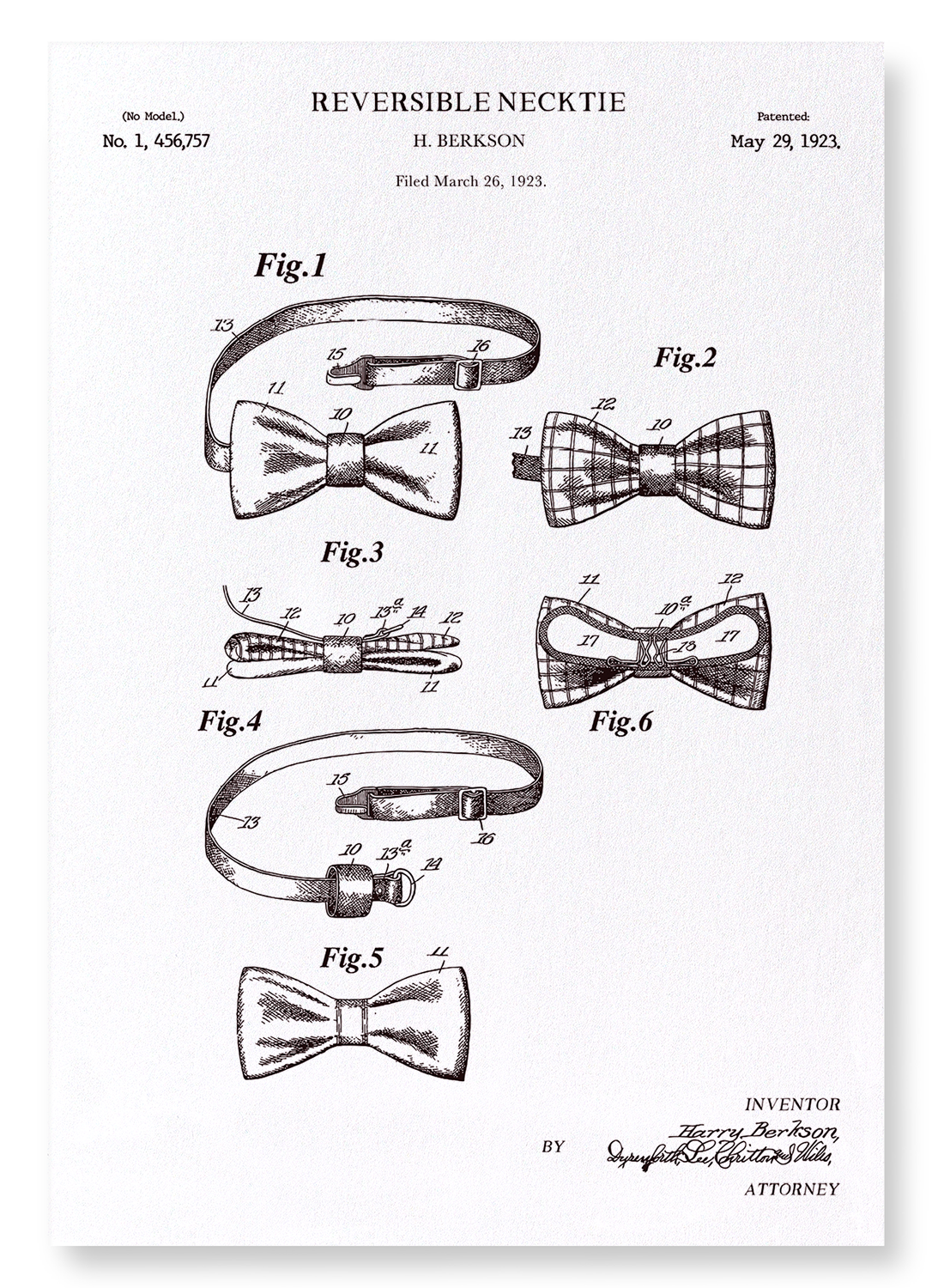 PATENT OF REVERSIBLE BOW TIE (1923): Patent Art Print