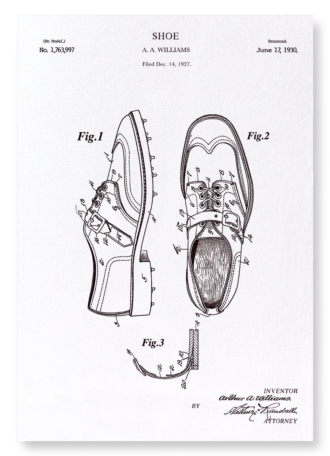 PATENT OF GOLF SHOES (1930): Patent Art Print