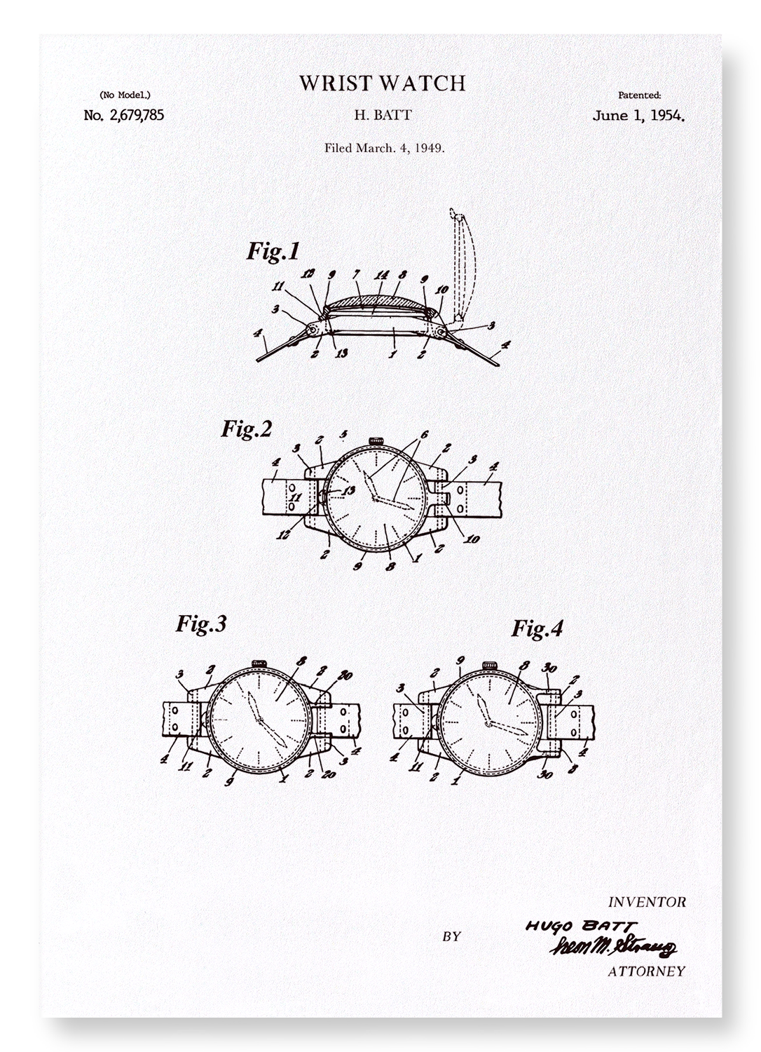 PATENT OF WRISTWATCH (1954): Patent Art Print