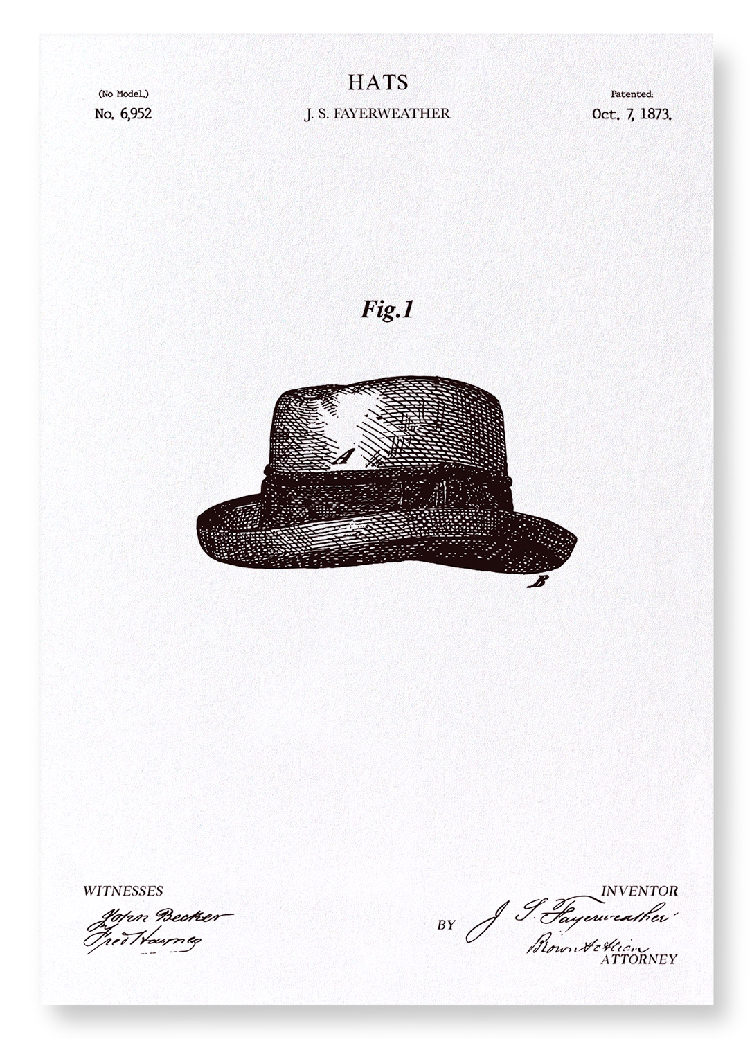 PATENT OF HATS (1873): Patent Art Print