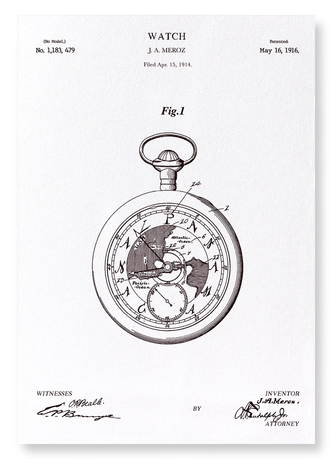 PATENT OF WATCH (1916): Patent Art Print