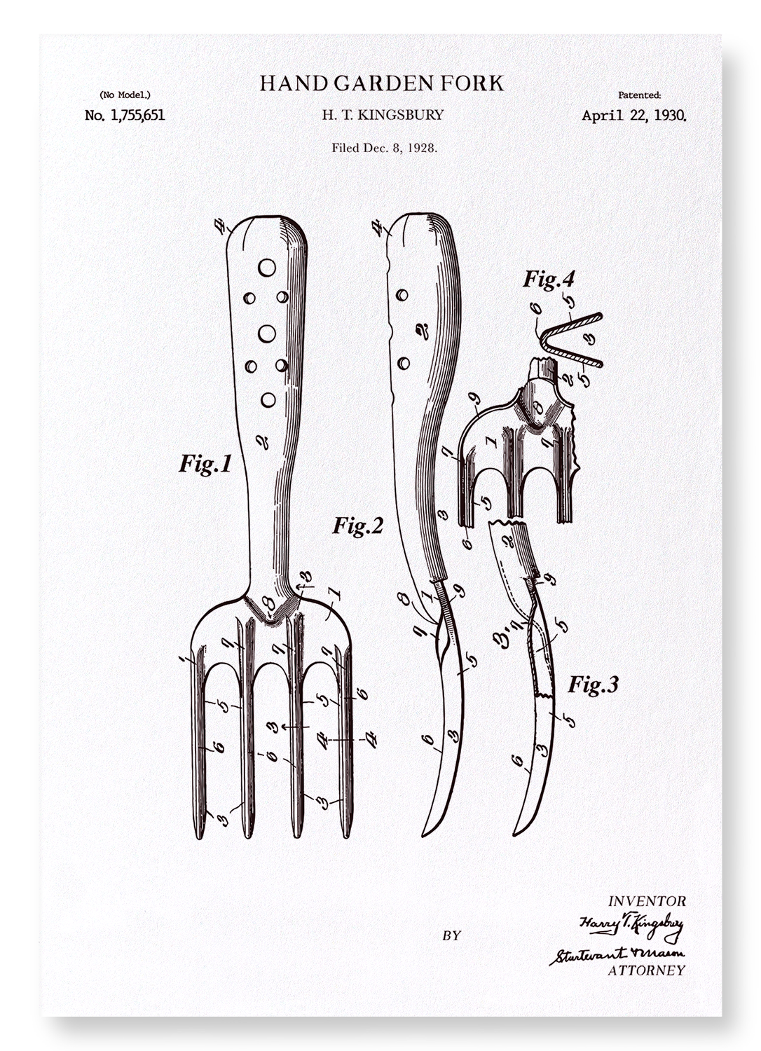 PATENT OF HAND GARDEN FORK (1930): Patent Art Print